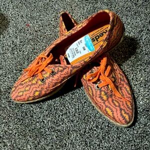 Orange and black Keds pointed flats with laces